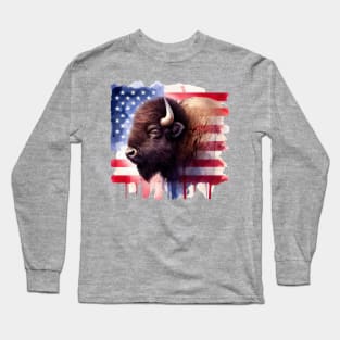 Bison portrait with United States of America flag background watercolor Long Sleeve T-Shirt